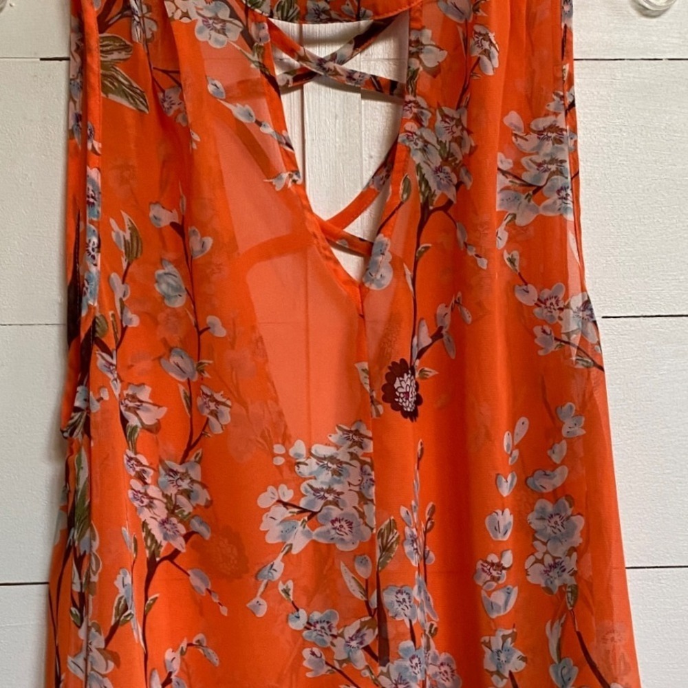Miss Me Orange Floral Choker Neck Open Back Crisscross Blouse MDT1017T L - Picture 11 of 14